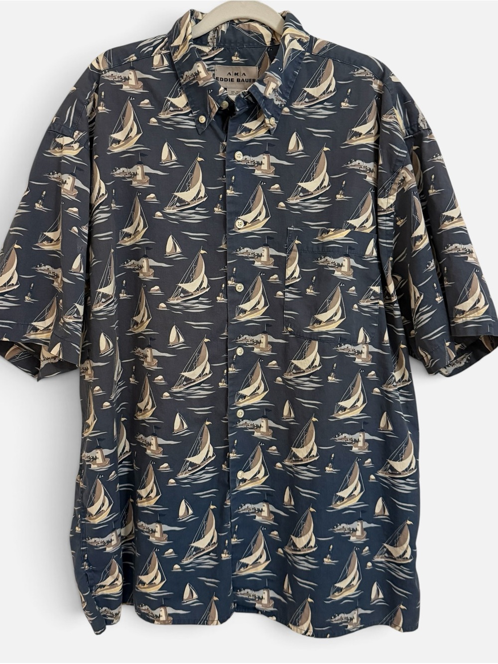 Eddie Bauer Navy Short-Sleeve Sailboat Button-Down Shirt